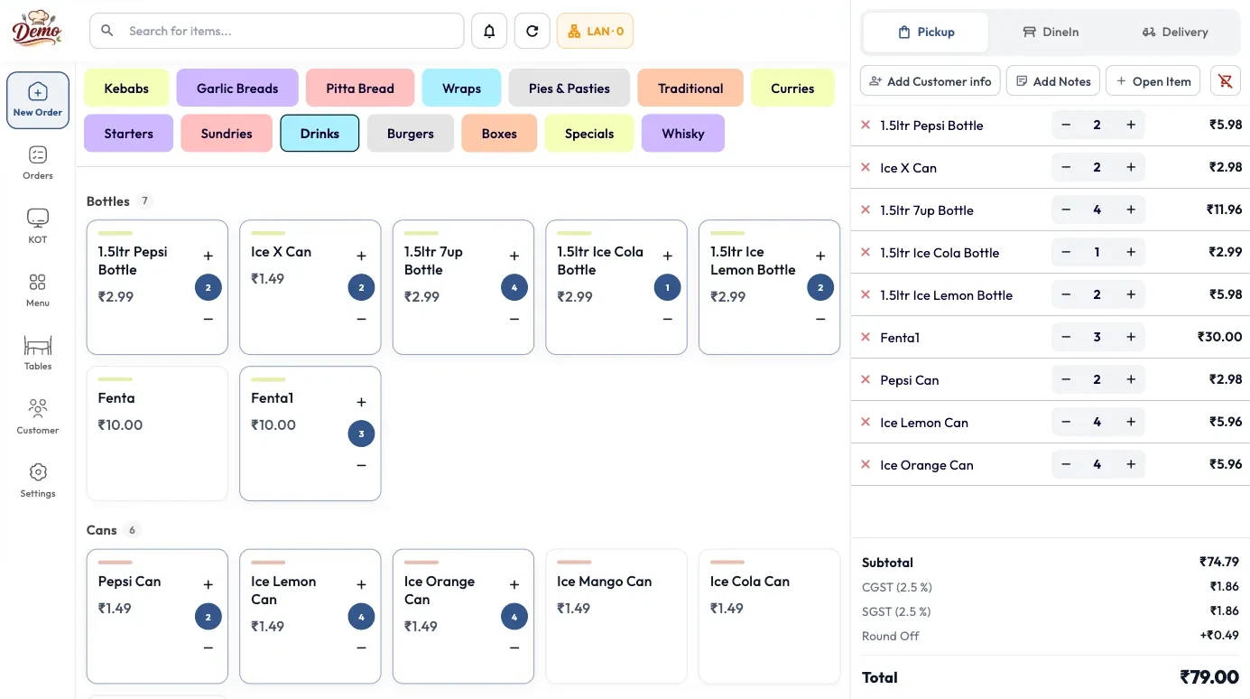 YoPOS order screen — menu categories, live cart and one-tap checkout