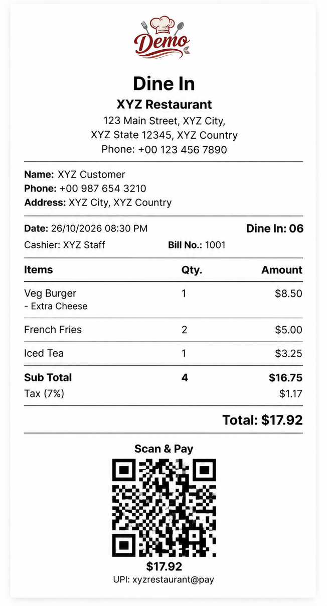 Sample guest bill for XYZ Restaurant showing itemised order, tax, total and a Scan & Pay QR code