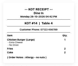 Kitchen order ticket KOT #14 for Table 4 listing items, quantities, modifiers and an allergy note, with no prices