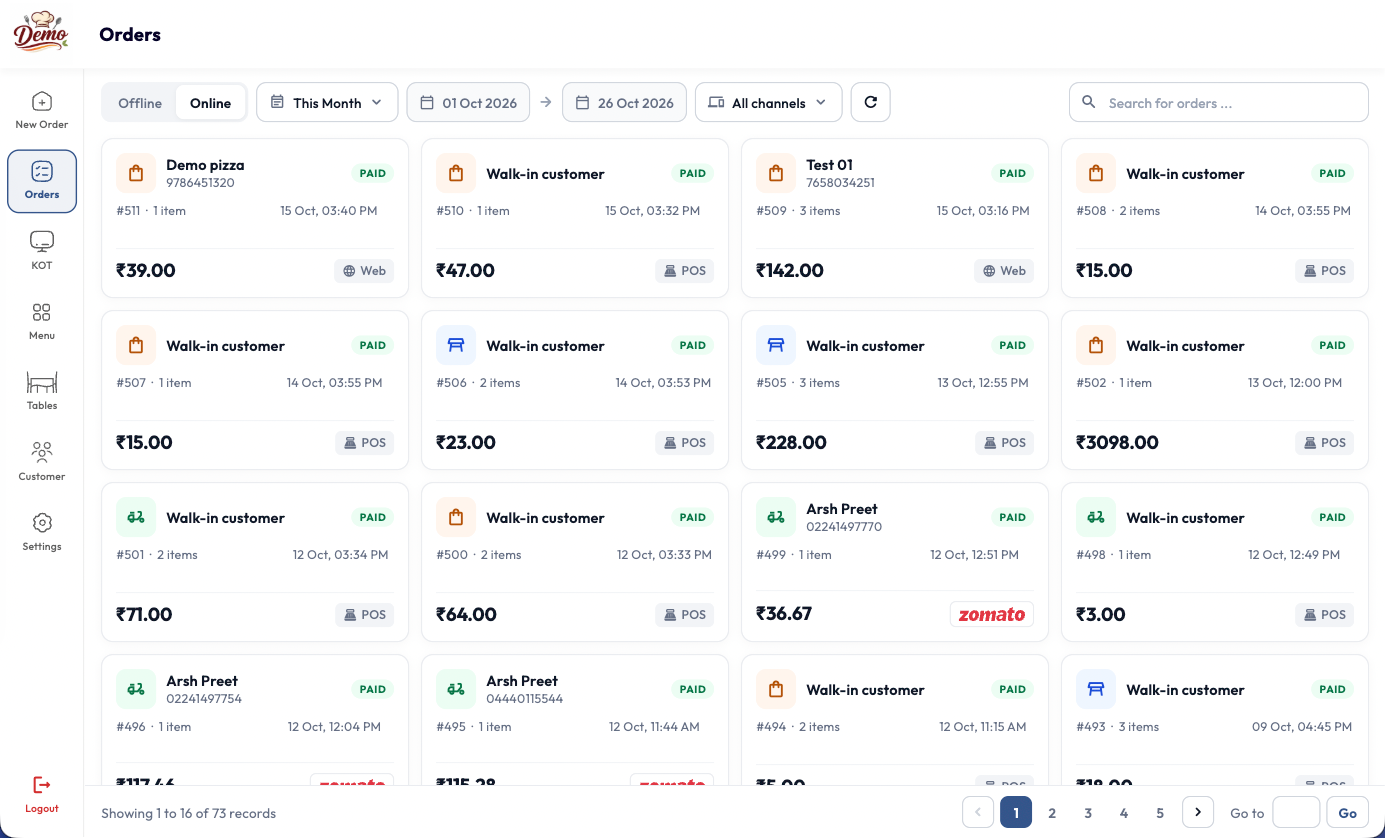 YoPOS orders dashboard showing dine-in, POS and online orders in one list