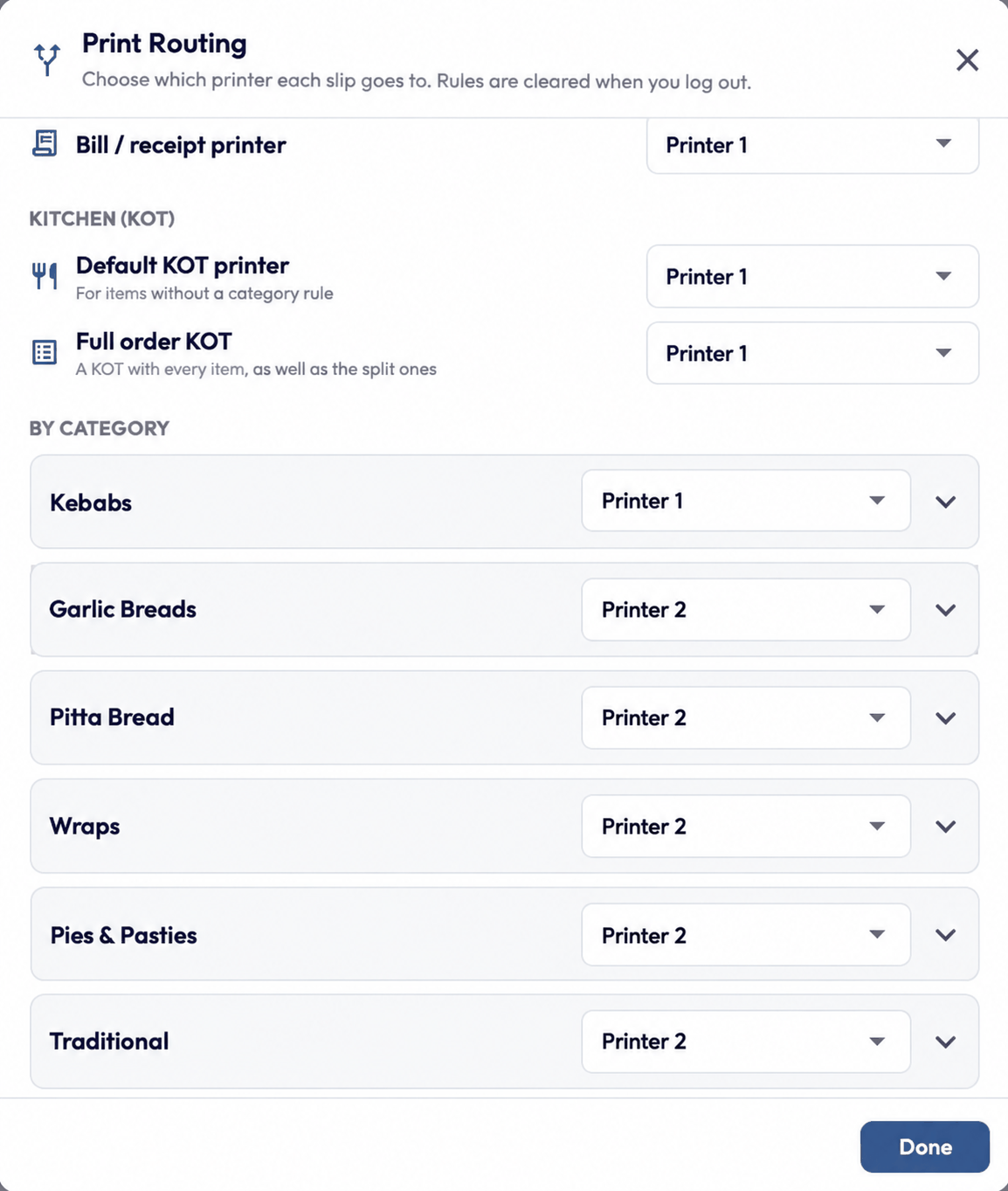 YoPOS Print Routing dialog assigning a printer to the bill, the default KOT, the full order KOT and each menu category
