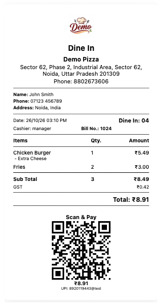 Guest bill for Demo Pizza showing itemised order, GST, total and a Scan & Pay QR code